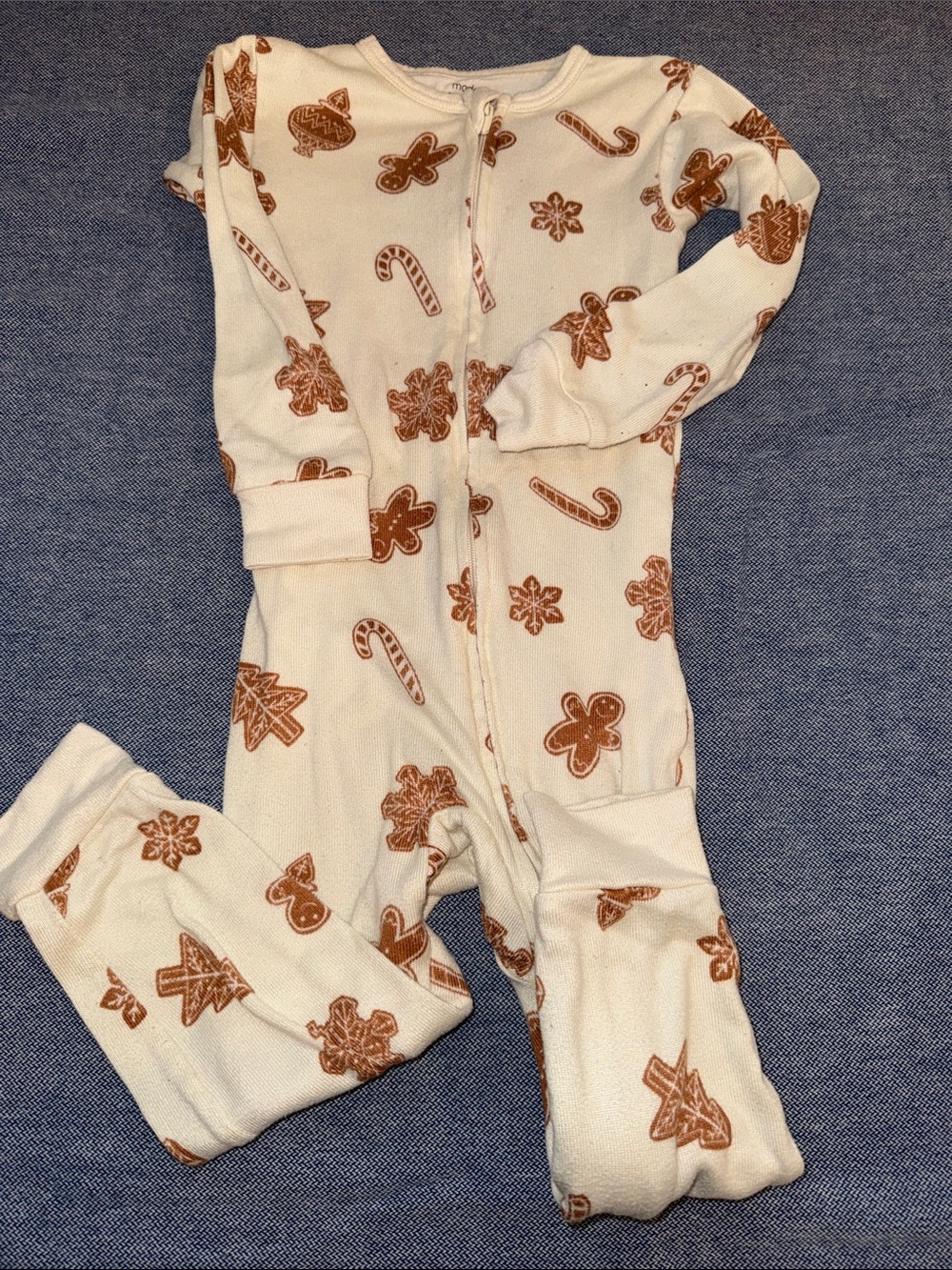 Cream Holiday Gingerbread Print Footed One-Piece for Kids